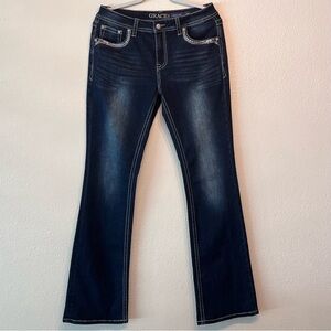 Grace in LA Easy Fit Women Western Dark Blue Jeans Embroidered Horseshoe Bootcut